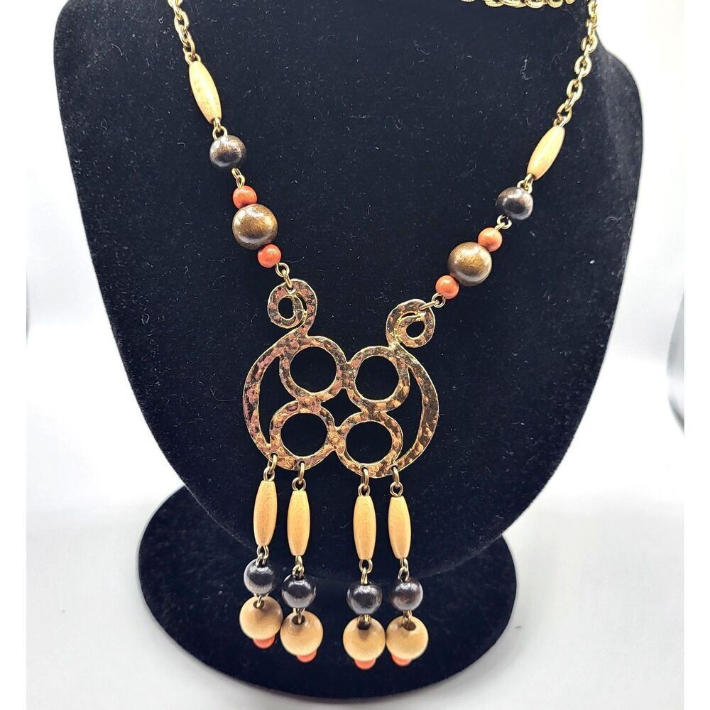 Bohemian Wooden Pendant Necklace Goldtone 32in